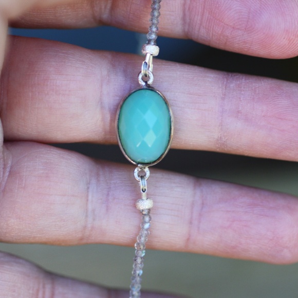 Natural Teal Chalcedony Amethyst Bracelet with Leaf Charm Solid Sterling Silver - Picture 7 of 7